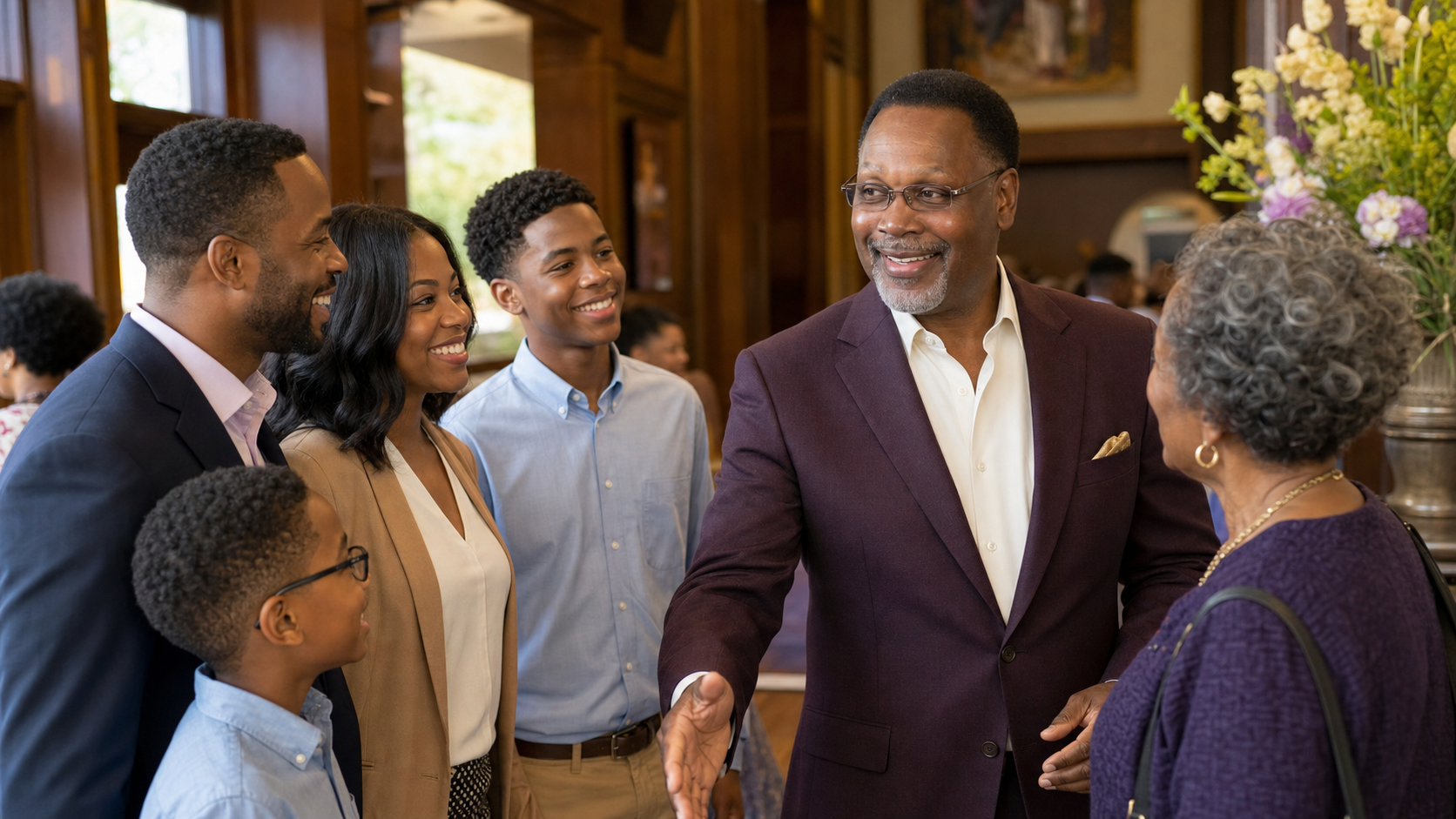Concept image showing Pastor Spurlock welcoming a family