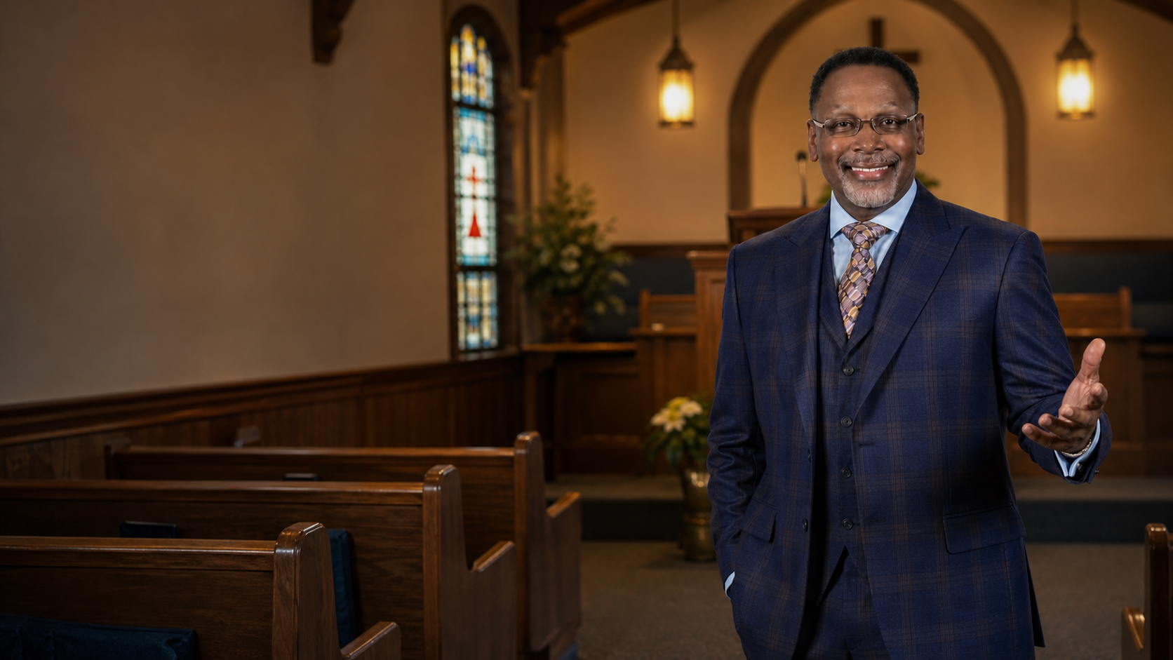 Concept portrait of Pastor-Elect Gregory Spurlock welcoming the congregation inside an intimate church sanctuary